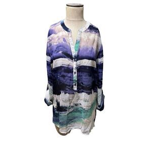 Fred David Womens Semi Sheer 1/4 Button up White and Purple Blouse New size XL